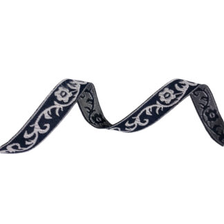 Embroided ethnic dark navy ribbon with white flower pattern by metre - width 12 mm