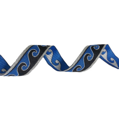 Embroided ethnic black ribbon with white edges and blue waves by metre - width 16 mm
