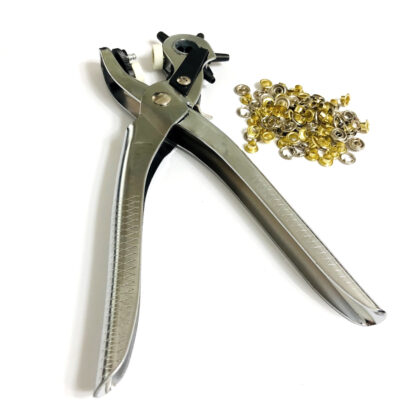 Silvery metal hole punch grommet and snap fastener setting tool - size 90 x 215 mm