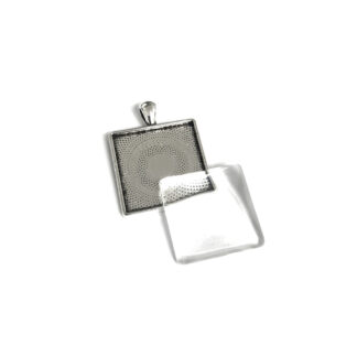 Silvery metal square bezel pendant with glass cabochon - size 22 x 29 mm
