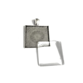 Silvery metal square bezel pendant with glass cabochon - size 27 mm
