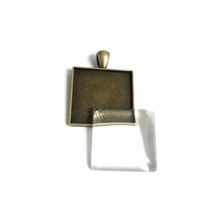 Brass metal square bezel pendant with glass cabochon - size 27 mm