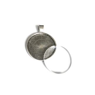 Silvery metal round bezel pendant with glass dome cabochon - size 27 mm