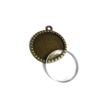 Brass metal round bezel pendant with glass dome cabochon - size 30 mm