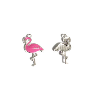 Pink bird silvery metal pendant - size 18 x 29 mm