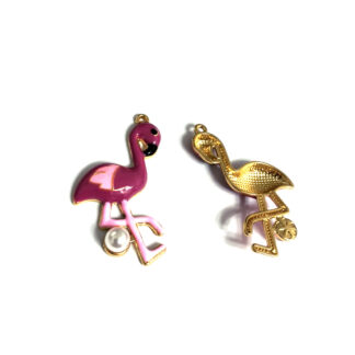 Pearly white ball pink bird golden metal pendant - size 28 x 41 mm