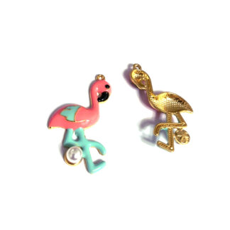 Pearly white ball black beak pink green bird golden metal pendant - size 29 x 41 mm