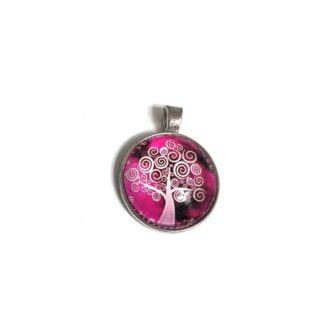 Silvery metal round white tree picture glass cabochon pendant - size 27 mm