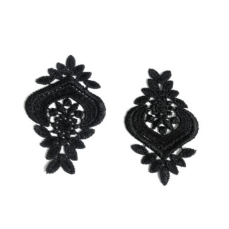 Heart-shaped black lace flower with leaves - size 50 x 76 mm - 2 pieces