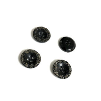 Four-hole round silvery glittery edge black plastic buttons - diametre 18 mm - 4 pieces