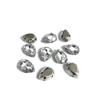 Silvery metal claws cup faceted clear sew-on drop rhinestones - size 11 x 15 mm - 10 pieces