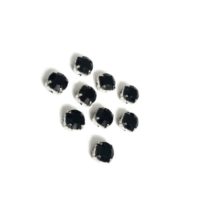 Silvery metal claws cup faceted black sew-on round rhinestones - size 8 mm - 10 pieces