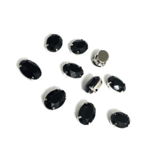 Silvery metal claws cup faceted black sew-on oval rhinestones - size 10 x 14 mm - 10 pieces