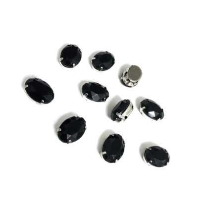 Silvery metal claws cup faceted black sew-on oval rhinestones - size 10 x 14 mm - 10 pieces