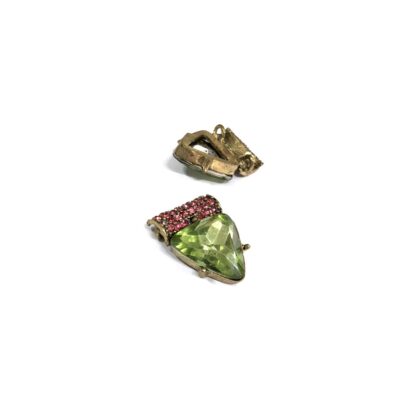 Pink and green rhinestones golden metal pendant decorations - size 20 x 26 mm - 2 pieces