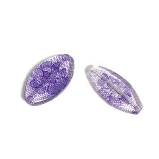 Flat transparent oval acrylic beads with purple flower - size 30 x 56 mm