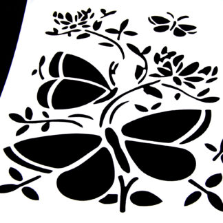White plastic stencil depicting butterflies and flowers - size А4