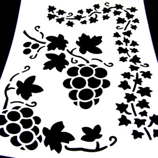 White plastic stencil depicting grape bunch and vine - size А4