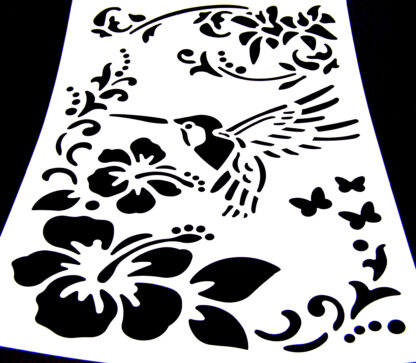 White plastic stencil depicting bird butterflies and flowers - size A4