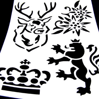 White plastic stencil depicting deer lion crown and flowers - size А4