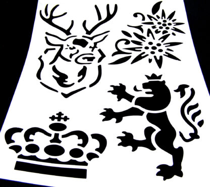 White plastic stencil depicting deer lion crown and flowers - size А4