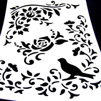 White plastic stencil depicting bird and flowers - size А4