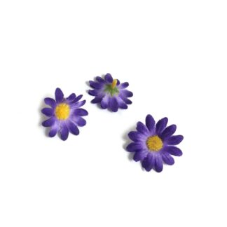 Purple and yellow fabric flower with green plastic sepals - size 40 mm - 3 pieces