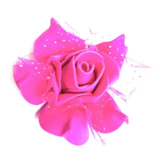 Pink foam rose with white dotted netting - size 70 mm
