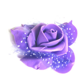 Violet foam rose with iridescent white dotted netting - size 70 mm