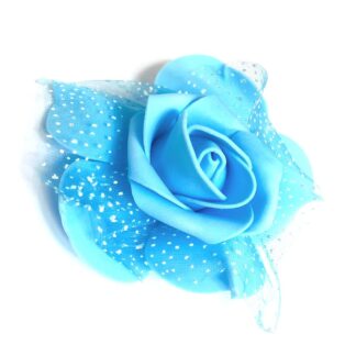 Light blue foam rose with white dotted netting - size 70 mm