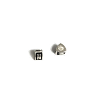 Letter N on black triangular prism silvery metal bead - size 7 x 9 mm