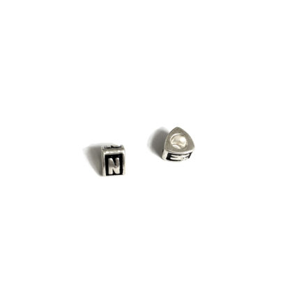Letter N on black triangular prism silvery metal bead - size 7 x 9 mm
