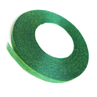Green organza ribbon with glittery golden threads by roll - width 10 mm - length 22.86 metres