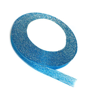 Blue organza ribbon with glittery silvery threads by roll - width 10 mm - length 22.86 metres