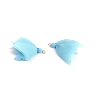 Light blue fabric tassels with golden metal suspension rings - size 30 x 35 mm - 2 pieces