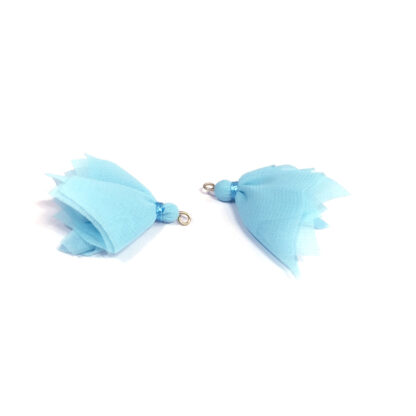 Light blue fabric tassels with golden metal suspension rings - size 30 x 35 mm - 2 pieces