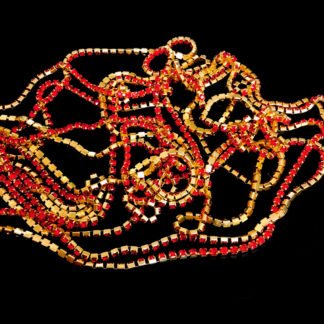 Red rhinestone in golden metal cup chain by metre - width 2.7 mm