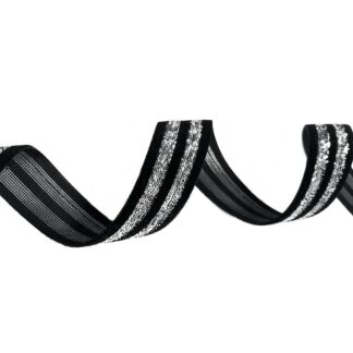 Black velvet ribbon with glittery silvery lurex stripes by metre - width 20 mm