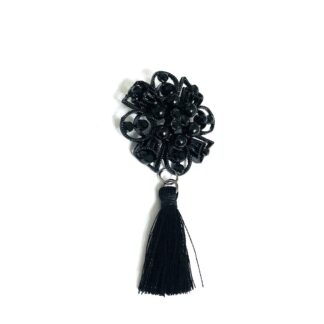 Pearly black beads and black tassel metal flower brooch - size 32 x 68 mm