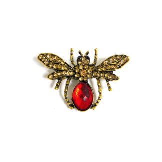 Red and yellow rhinestones golden metal fly brooch - size 32 x 48 mm