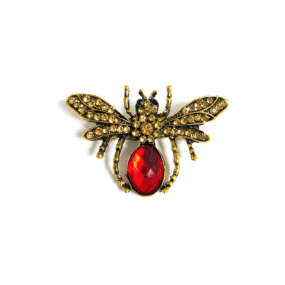 Red and yellow rhinestones golden metal fly brooch - size 32 x 48 mm