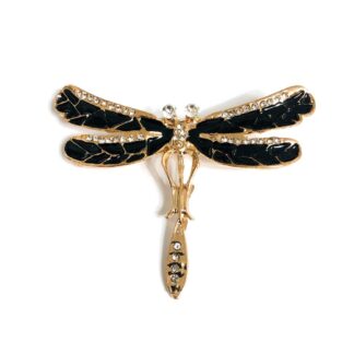 Clear rhinestones eyes black wings golden metal dragonfly brooch - size 45 x 65 mm
