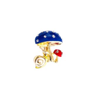 Clear rhinestone red blue mushrooms white green snail golden metal brooch - size 27 x 32 mm