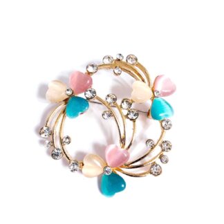 Clear rhinestone and blue pink and cream hearts golden metal brooch - size 45 x 50 mm