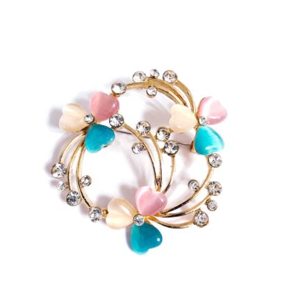 Clear rhinestone and blue pink and cream hearts golden metal brooch - size 45 x 50 mm