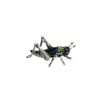 Iridescent and blue rhinestones silvery metal grasshopper brooch - size 26 x 43 mm