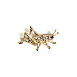 Iridescent rhinestone golden metal grasshopper brooch - size 25 x 42 mm