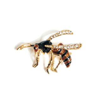 Clear rhinestones black brown and golden metal bee brooch - size 35 x 38 mm