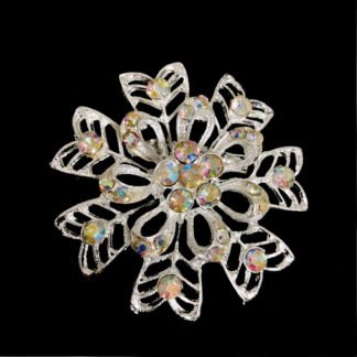 Iridescent rhinestones silvery metal flower brooch - size 50 mm