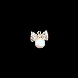 Clear rhinestones bow and pearly white ball golden metal pendant - size 18 mm